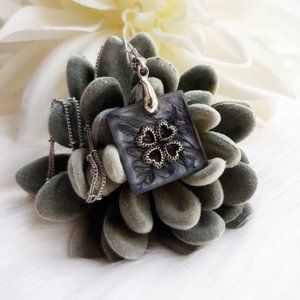 Black and Silver Heart Necklace Handmade Metallic Square Resin Pendant Necklace